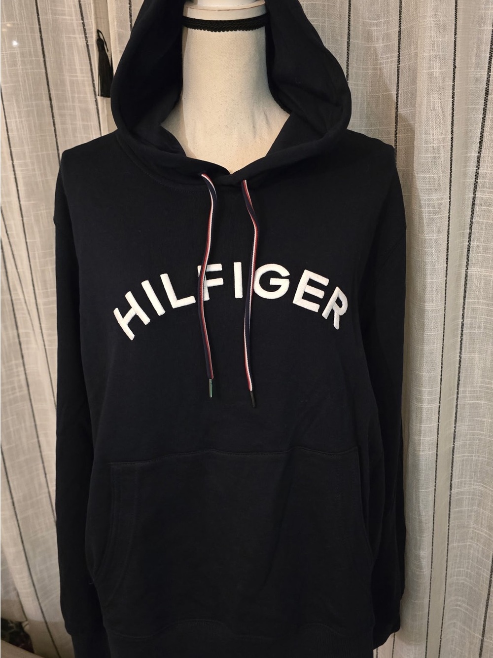Tommy Hilfiger Black Hoodie with White Logo and Tricolor Drawstrings